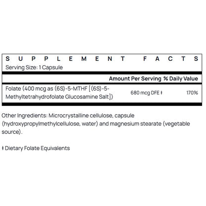 Supplement facts label for a capsule with folate content on a white background