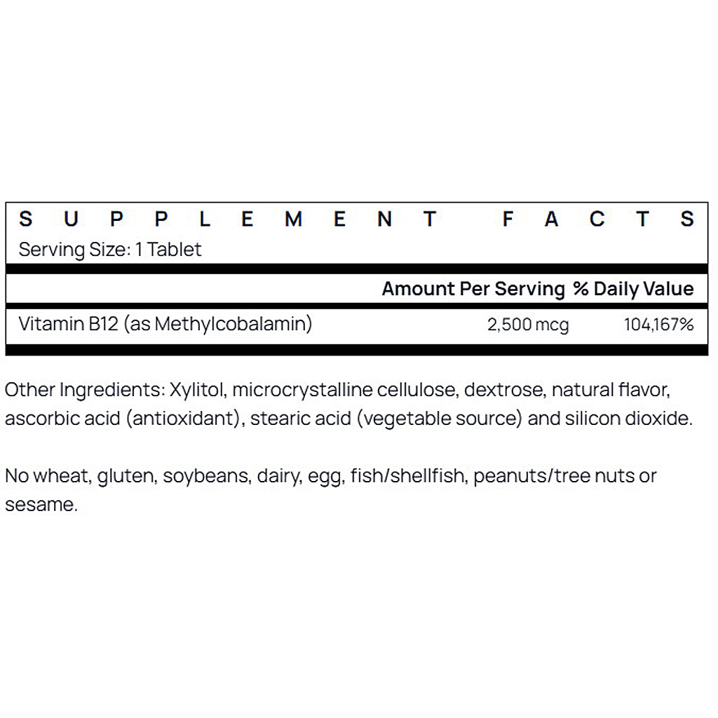 Supplement facts label for a vitamin B12 supplement on a white background