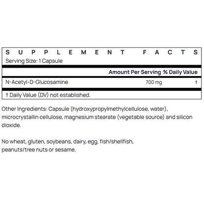 Supplement facts label for N-Acetyl-D-Glucosamine with serving size and ingredient list.
