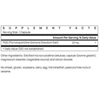 Supplement facts label for a product with Pyroquinoline Quinone Disodium Salt on a white background