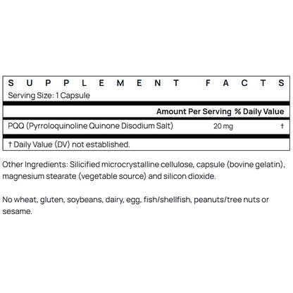 Supplement facts label for a product with Pyroquinoline Quinone Disodium Salt on a white background