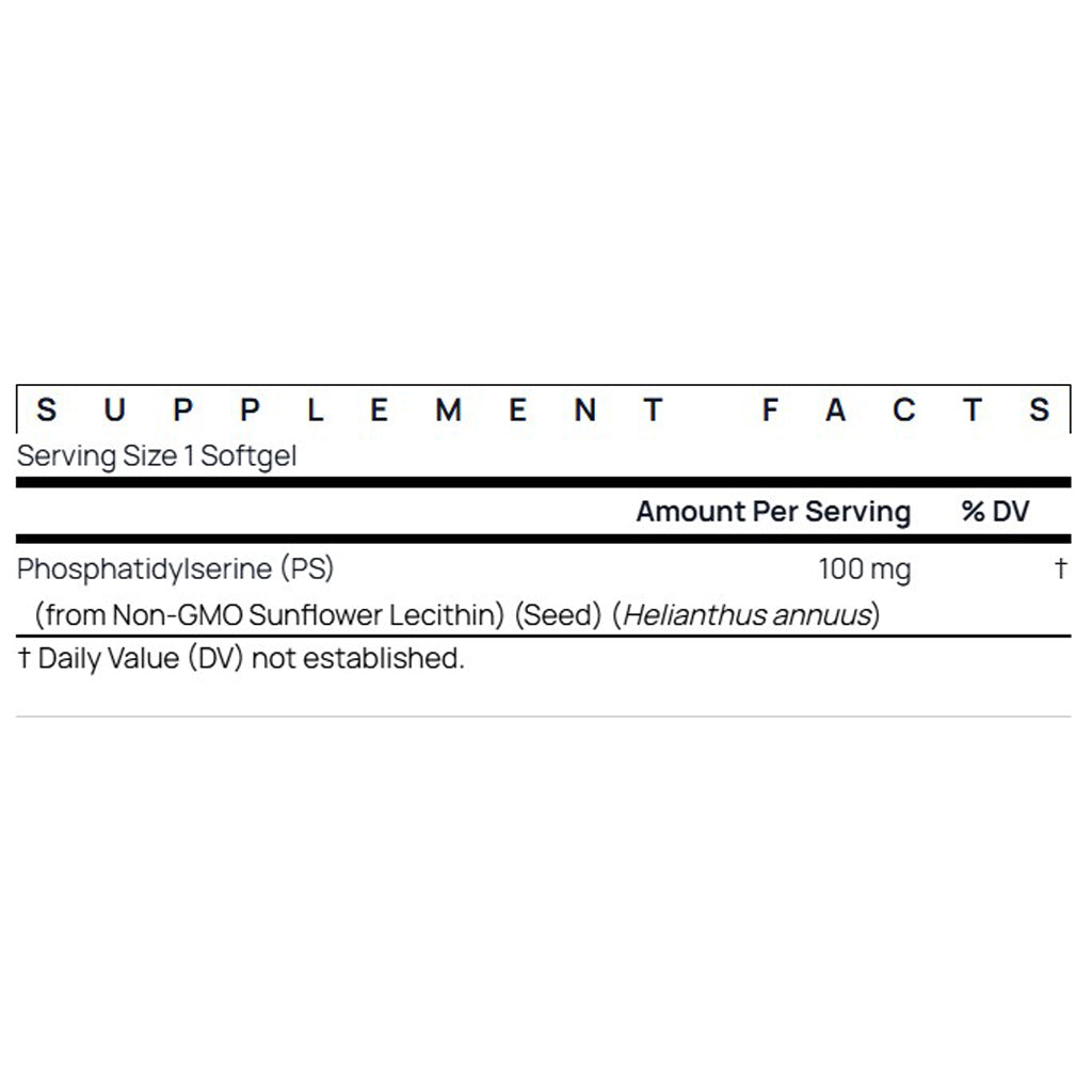 Supplement facts label for Phosphatidylserine with serving size and amount per serving details.