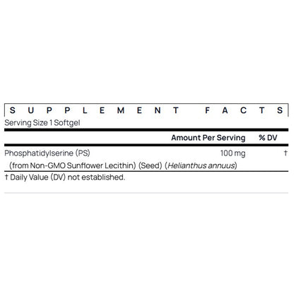Supplement facts label for Phosphatidylserine with serving size and amount per serving details.