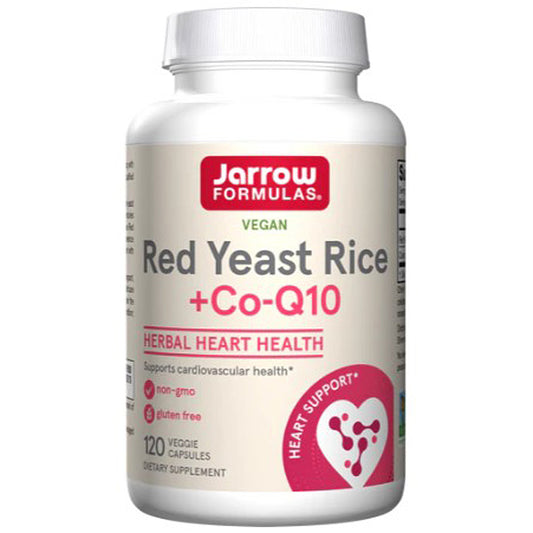 Jarrow Formulas Red Yeast Rice + Co-Q10 supplement bottle on a white background