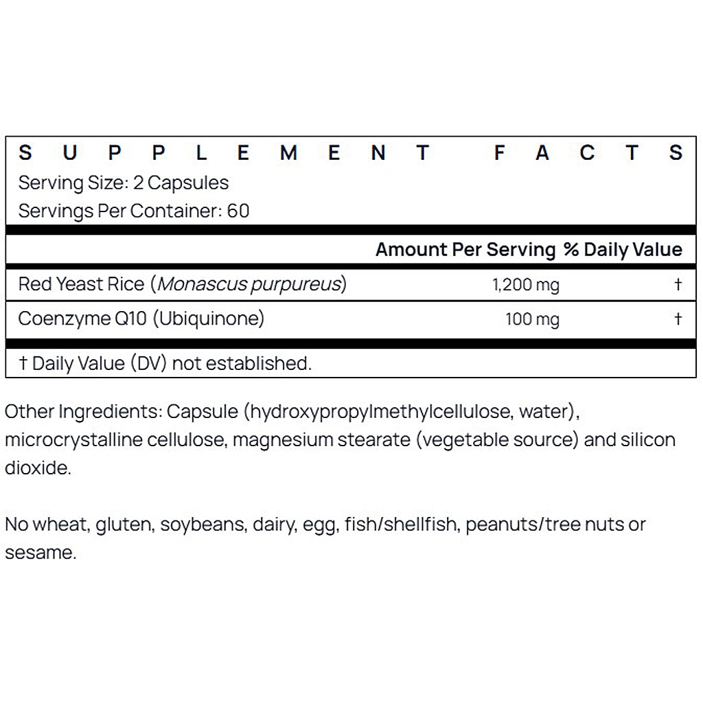 Supplement facts label for a product containing Red Yeast Rice and Coenzyme Q10 on a white background.