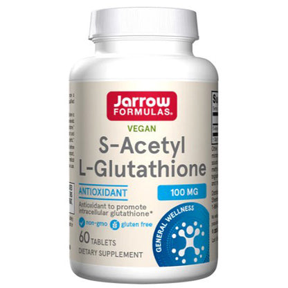 Supplement bottle labeled 'S-Acetyl L-Glutathione' by Jarrow Formulas on a white background
