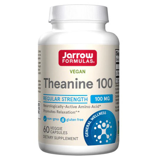 Jarrow Formulas Theanine 100 mg supplement bottle on a white background