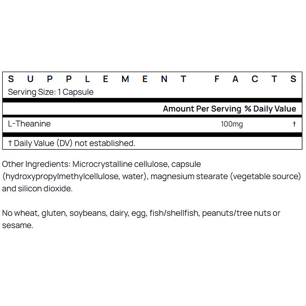 Supplement facts label with L-Theanine content on a white background
