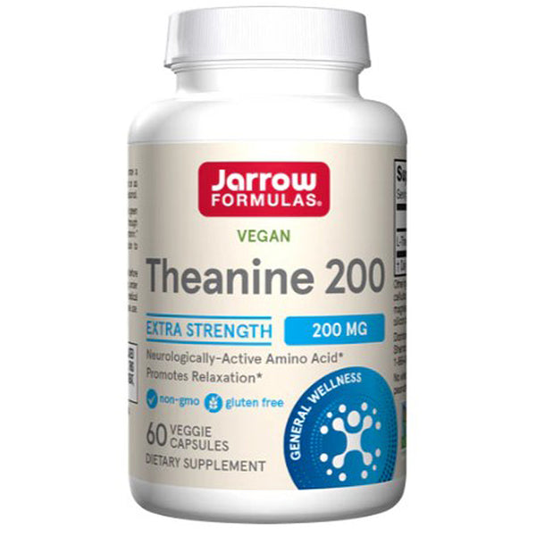 Jarrow Formulas Theanine 200 mg supplement bottle on a white background
