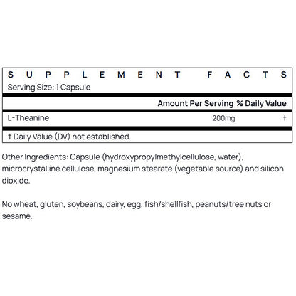 Supplement facts label for a product containing L-Theanine with serving size and ingredient information.