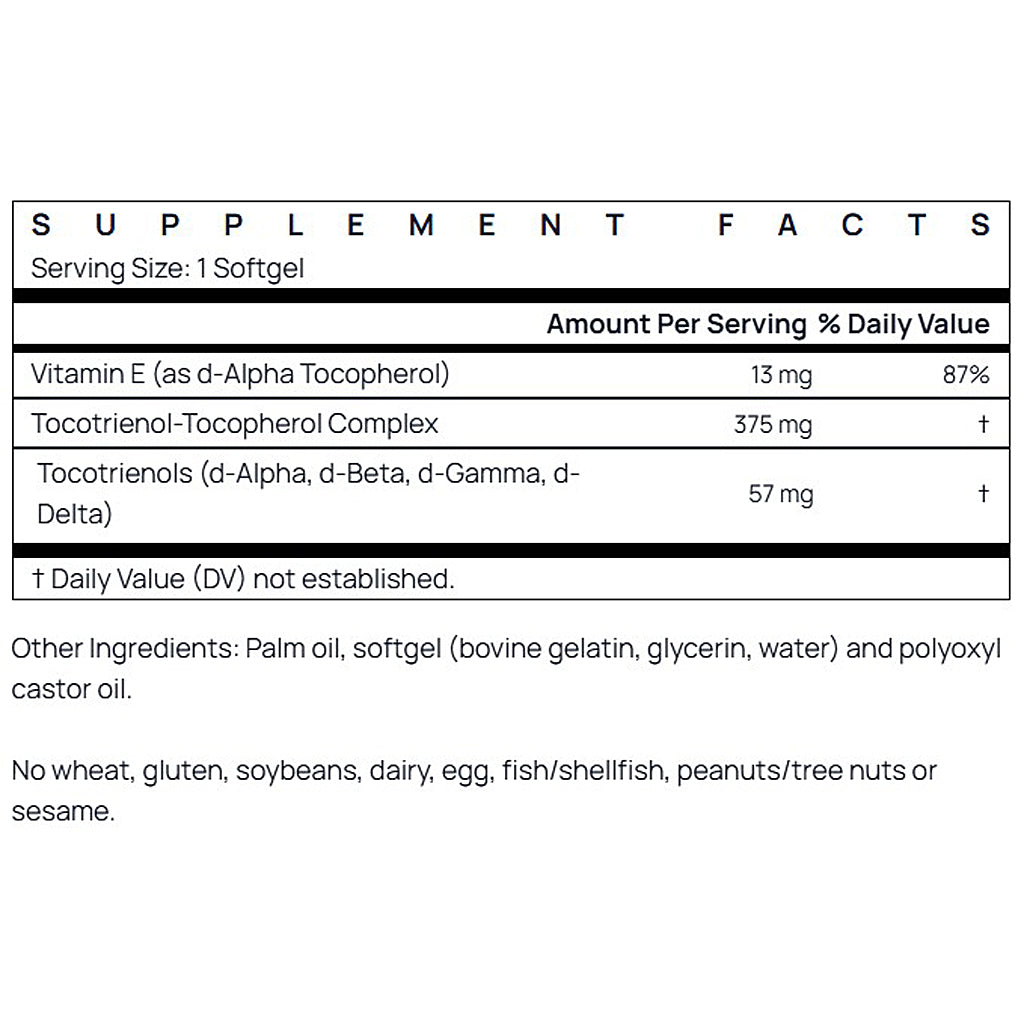Supplement facts label with vitamin E and tocotrienol complex content on a white background
