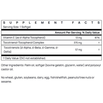 Supplement facts label with vitamin E and tocotrienol complex content on a white background