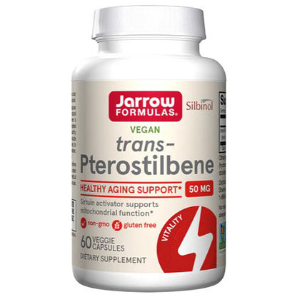 Supplement bottle labeled 'Jarrow Formulas' with 'trans-Pterostilbene' on a white background