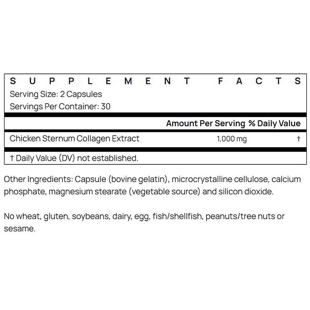 Supplement facts label for Chicken Sternum Collagen Extract capsules on a white background