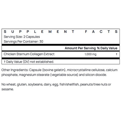 Supplement facts label for Chicken Sternum Collagen Extract capsules on a white background
