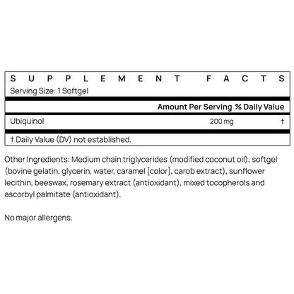 Supplement facts label with Ubiquinol content on a white background