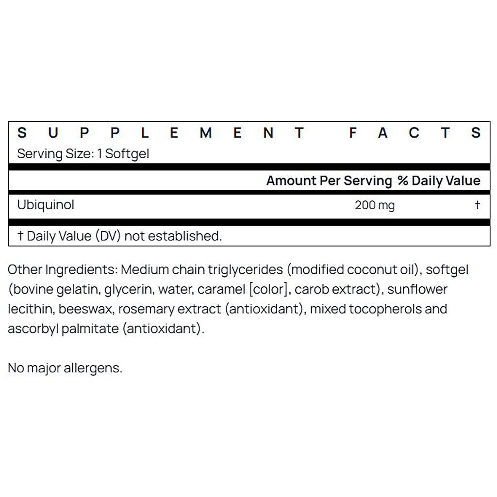 Supplement facts label with Ubiquinol content on a white background