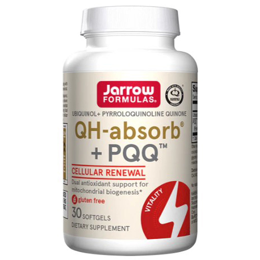 Supplement bottle labeled 'Jarrow Formulas QH-absorb + PQQ' on a white background