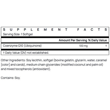 Supplement facts label for Coenzyme Q10 with serving size and ingredient list.