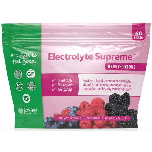 Package of Jigsaw Health Electrolyte Supreme Berry Licious supplement with 60 packets, highlighting gluten-free, no sweeteners, and 100% natural ingredients.