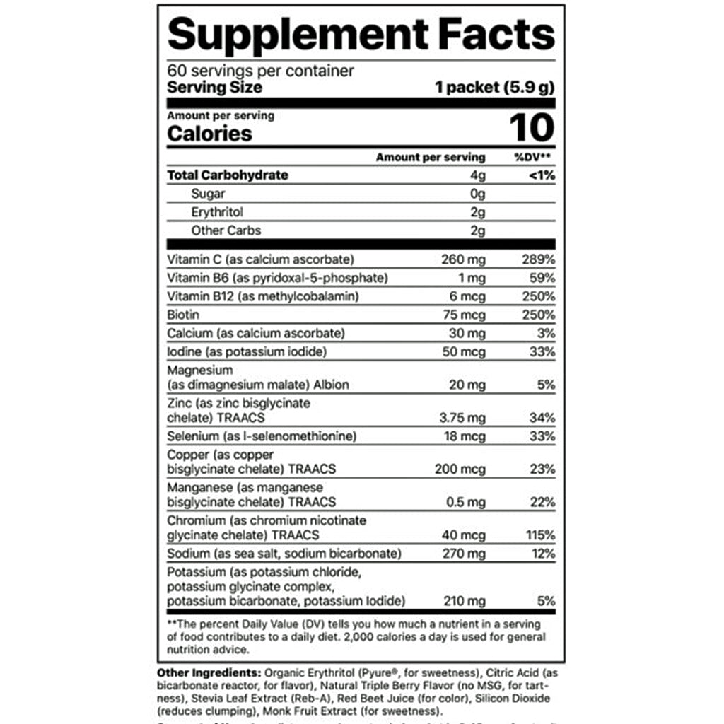 Supplement facts label with detailed nutritional information.