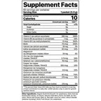 Supplement facts label with detailed nutritional information.