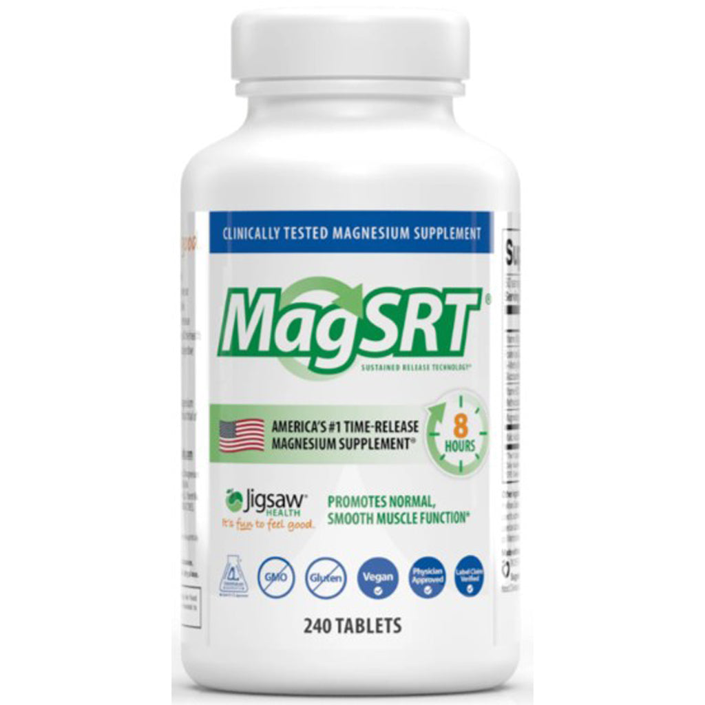 A bottle of Jigsaw Health MagSRT, which contains 240 tablets, with the label indicating it is a time release magnesium supplement.