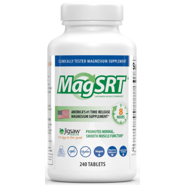 A bottle of Jigsaw Health MagSRT, which contains 240 tablets, with the label indicating it is a time release magnesium supplement.
