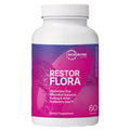 Supplement bottle labeled 'Restor Flora' by Microbiome Labs on a white background
