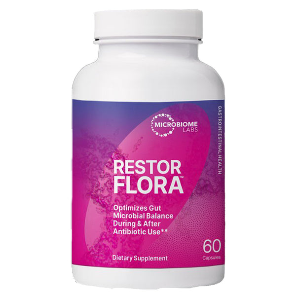 Supplement bottle labeled 'Restor Flora' by Microbiome Labs on a white background