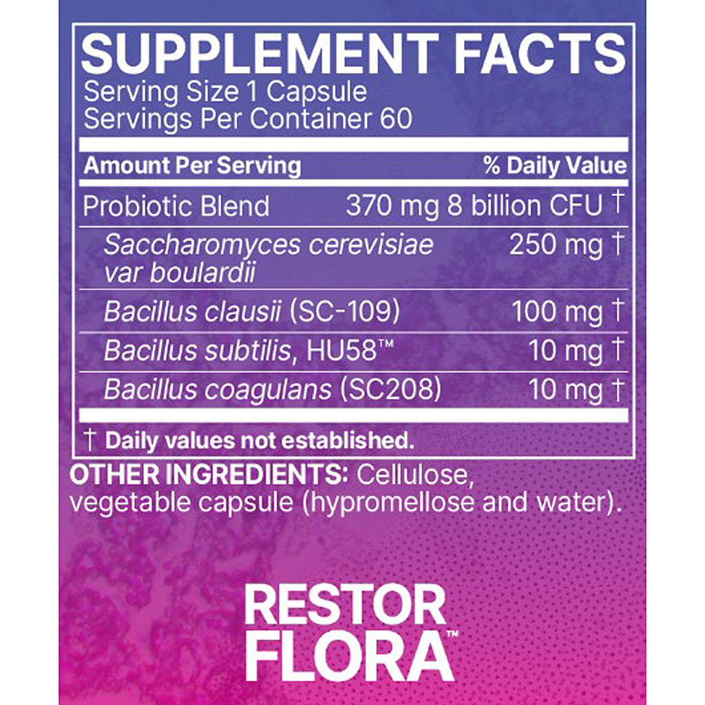 Supplement facts label for Restor Flora with purple and pink gradient background