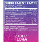 Supplement facts label for Restor Flora with purple and pink gradient background