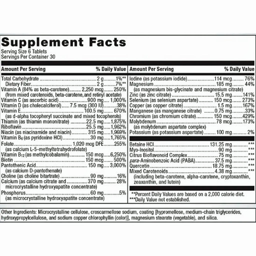 Supplement facts label with detailed nutritional information on a white background