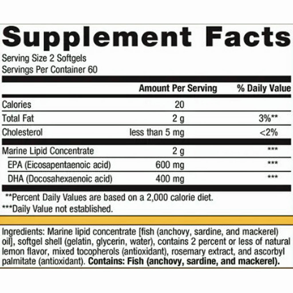 Supplement facts label for marine lipid concentrate with EPA and DHA.