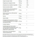 Nutritional supplement label with various ingredients and their amounts