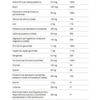 Nutritional supplement label with various vitamins and minerals listed.