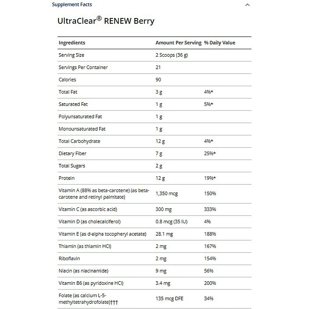 Supplement facts label for UltraClear RENEW Berry showing nutritional information.