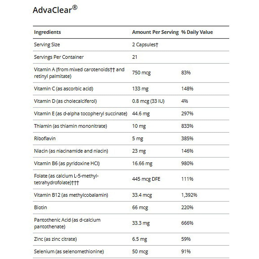 Nutritional information table for AdvaClear supplement showing ingredients and their amounts per serving.