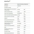 Nutritional information table for AdvaClear supplement showing ingredients and their amounts per serving.