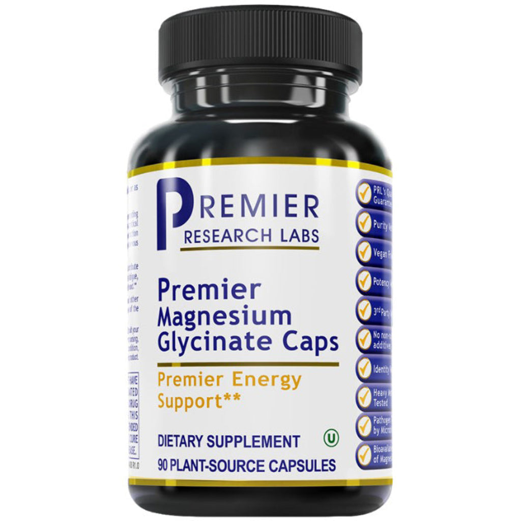 A bottle of Premier Research Labs Magnesium Glycinate capsules, labeled as a dietary supplement with 90 plant-source capsules.