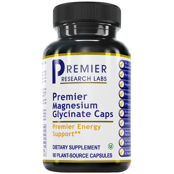 A bottle of Premier Research Labs Magnesium Glycinate capsules, labeled as a dietary supplement with 90 plant-source capsules.