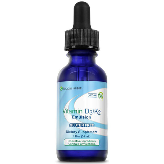 Blue bottle of Vitamin D3/K2 Emulsion dietary supplement with dropper on a white background