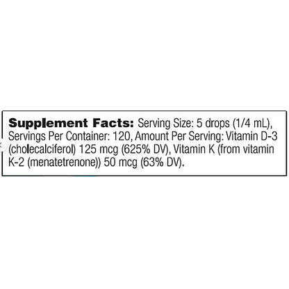 Supplement facts label with vitamins D-3 and K on a white background