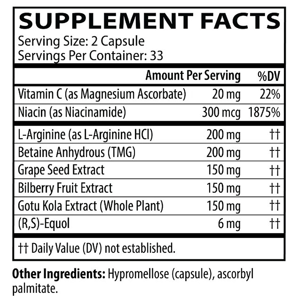Supplement facts label with various nutrients listed on a white background