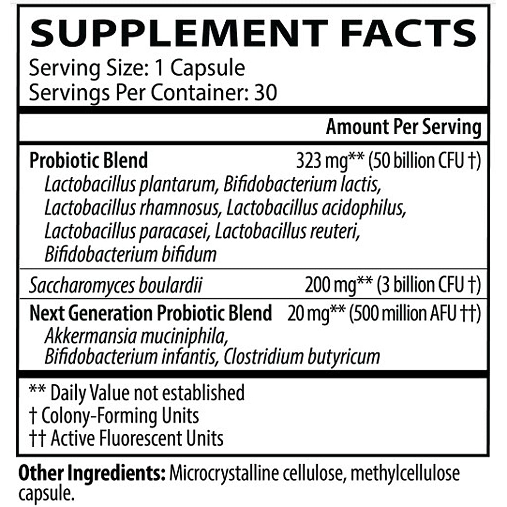 Supplement facts label for a probiotic product with detailed ingredient list.