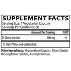Supplement facts label for D-Chiro-Inositol capsules with serving size, servings per container, and ingredient list.