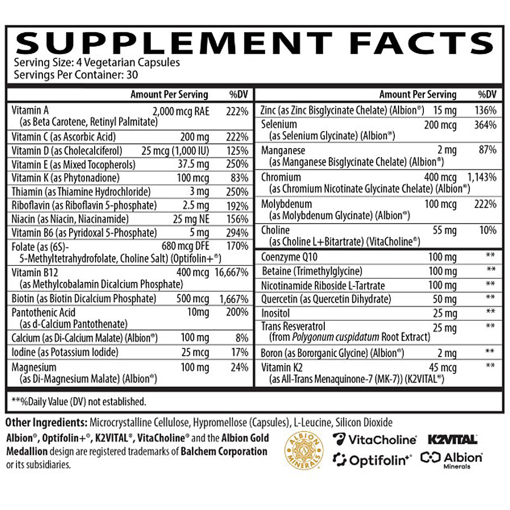 Supplement facts label with various vitamins and minerals listed on a white background