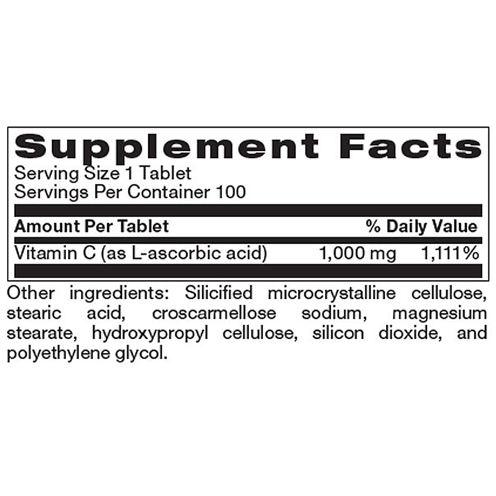 Supplement facts label with vitamin C content and other ingredients on a white background