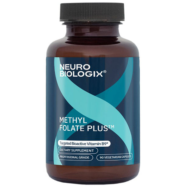 Supplement bottle labeled 'Neuro Biologix Methyl Folate Plus' on a white background