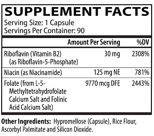 Supplement facts label with vitamins and minerals per serving